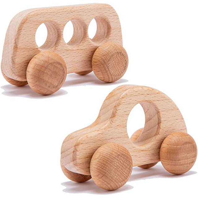 Juguetes de empuje de madera orgánica para bebés, desarrollo de motricidad fina, juguete de habilidades sensoriales, juguete de agarre Montessori, sonajeros de coche de madera de 2 piezas