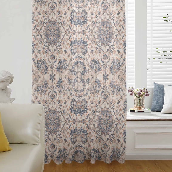 Boho Vintage Semi Sheer Curtains Drapes for Living Room, Bedroom, French Doors Window 108 Inches Long, Southwestern Ethnic Mexican Flowers Rod Pocket Chiffon Curtain Drapery Voile Draperies Panel