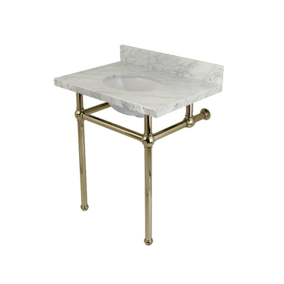 Kingston Brass KVPB30MB6 Templeton 30" Carrara Marble Vanity Top with Brass Legs (8-Inch, 3-Hole), Carrara Marble White/Polished Nickel