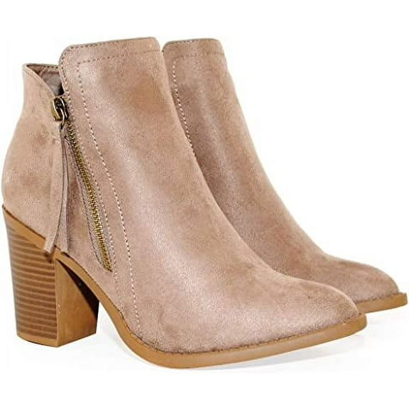 Women's Chunky Stacked Heeled Booties Side Zipper Suede Ankle Boot Taupe 8.5