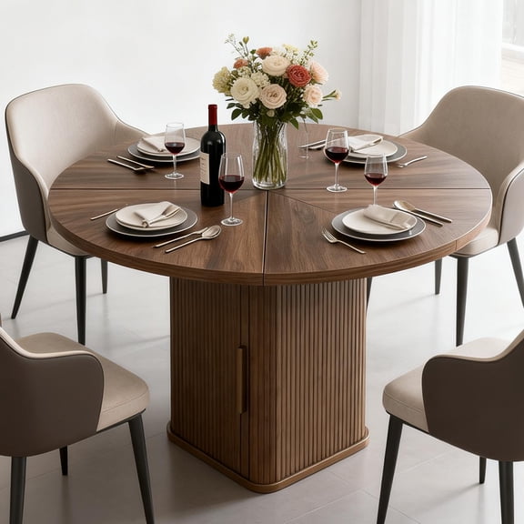 Dining Table Round Table with Storage Shelf, MDF Wood Slide Door, 1.2M in Length, Ideal for Family Gatherings, Dining ,