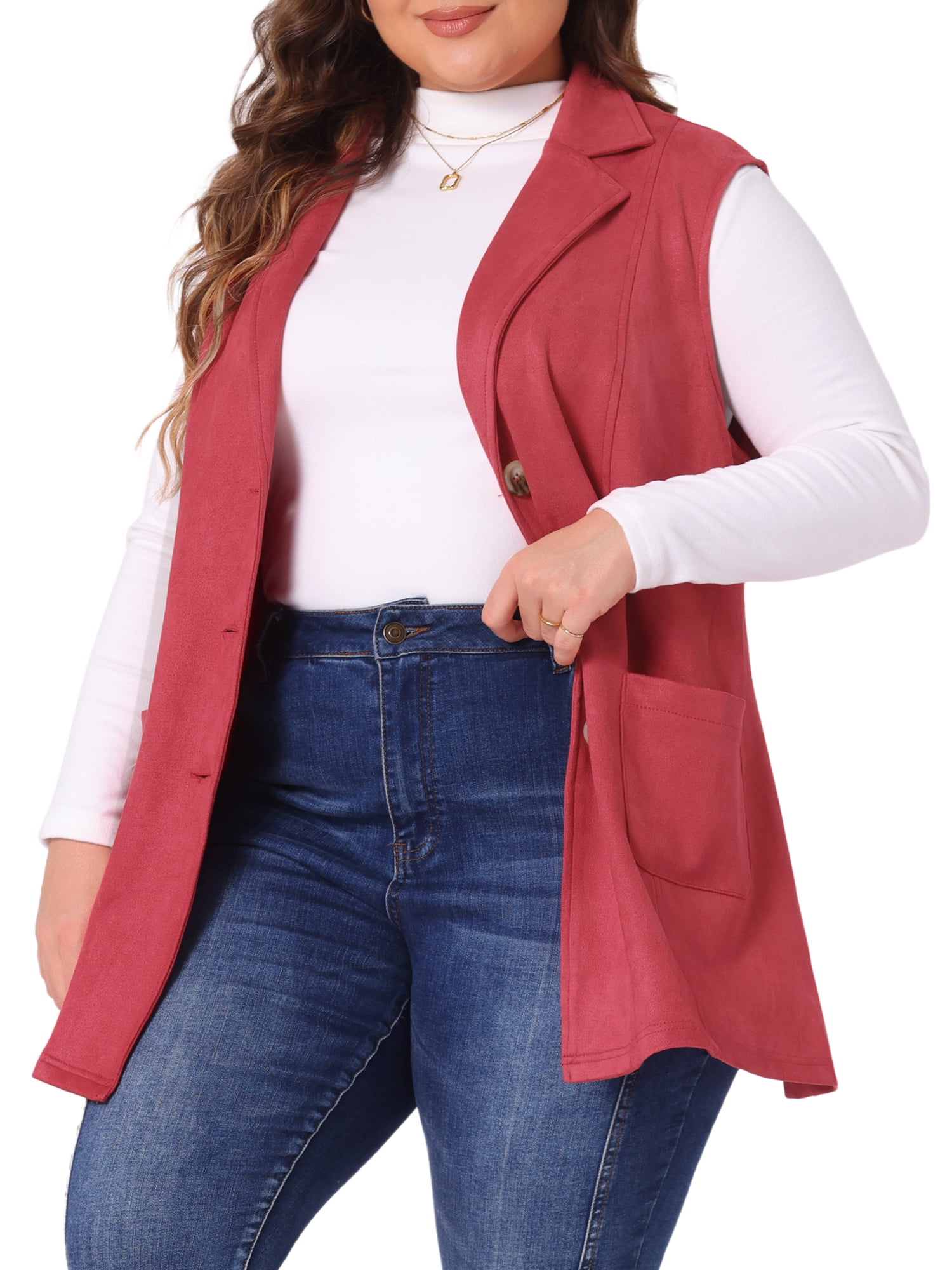 DARING DIVA Women's Plus Size Lapel Sleeveless Lightweight Suede Vests 4X Red
