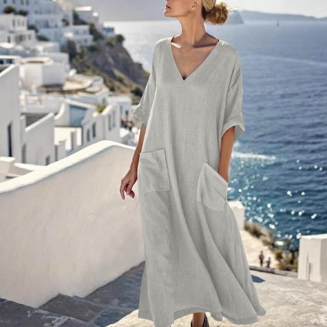 Ndbuld Robe d'Été Bohème pour Filles Robe de Soleil Mode Décontractée pour Femmes Col en V Couleur Unie Manches 3/4 avec Poches Robe Longue Liquidation à Moins de 5$