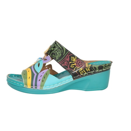 

LWVITH Women Orthopedic Sandals Clearance Arch Support Casual Shoes Comfortable Wedge Sandals Vintage Flower Shoes（Green， 9.5）