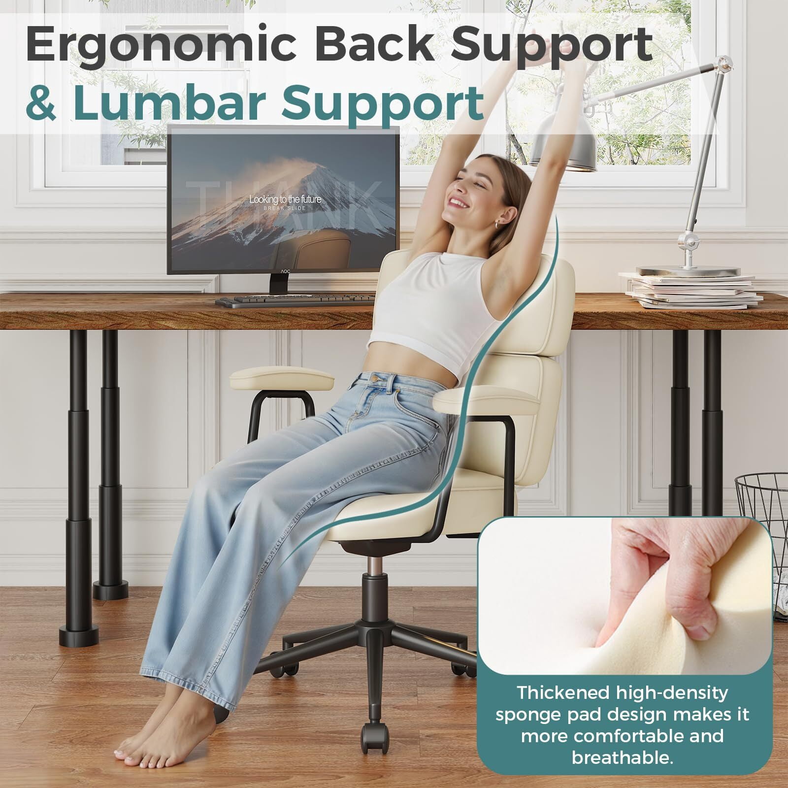 Kelno Ergonomic PU Leather Office Chair 350lbs Capacity High Back Computer Chair with Lumbar Support Adjustable Rolling Swivel Task Chair, Beige