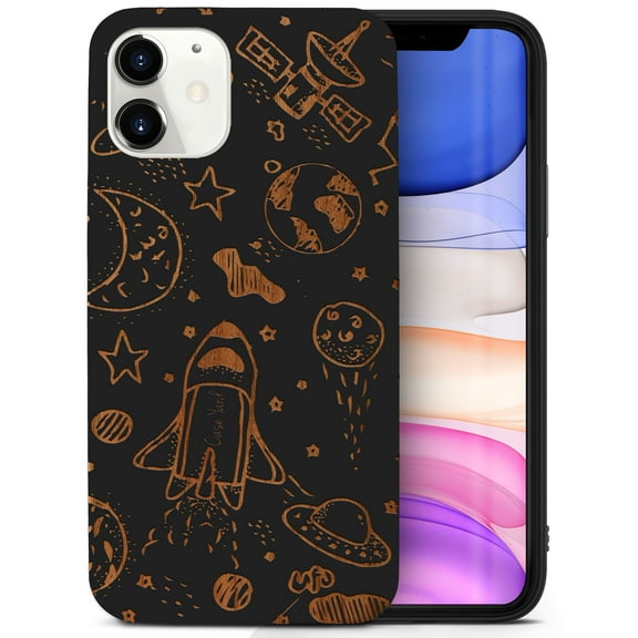 Case Yard Wooden Case for iPhone-12-Mini Soft TPU Silicone cover Slim Fit Shockproof Wood Protective Phone Cover for Girls Boys Men and Women Supports Wireless Charging Outer Space Design