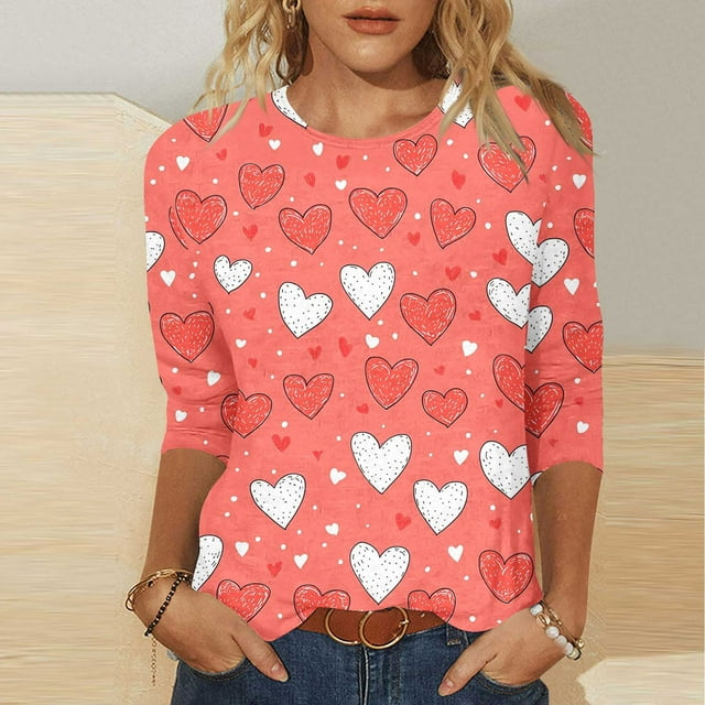 Mceream T-Shirts à Manches 3/4 pour Femmes à Col Rond, Décontractés, Habillés, Surdimensionnés, Saint-Valentin, Chandails de Printemps, Hauts Raglan à Cœur d'Amour, Tunique, Haut, Coupe Ample, T-Shirt Graphique, Grande Taille, Camisas de San Valentín Mujer TTTG