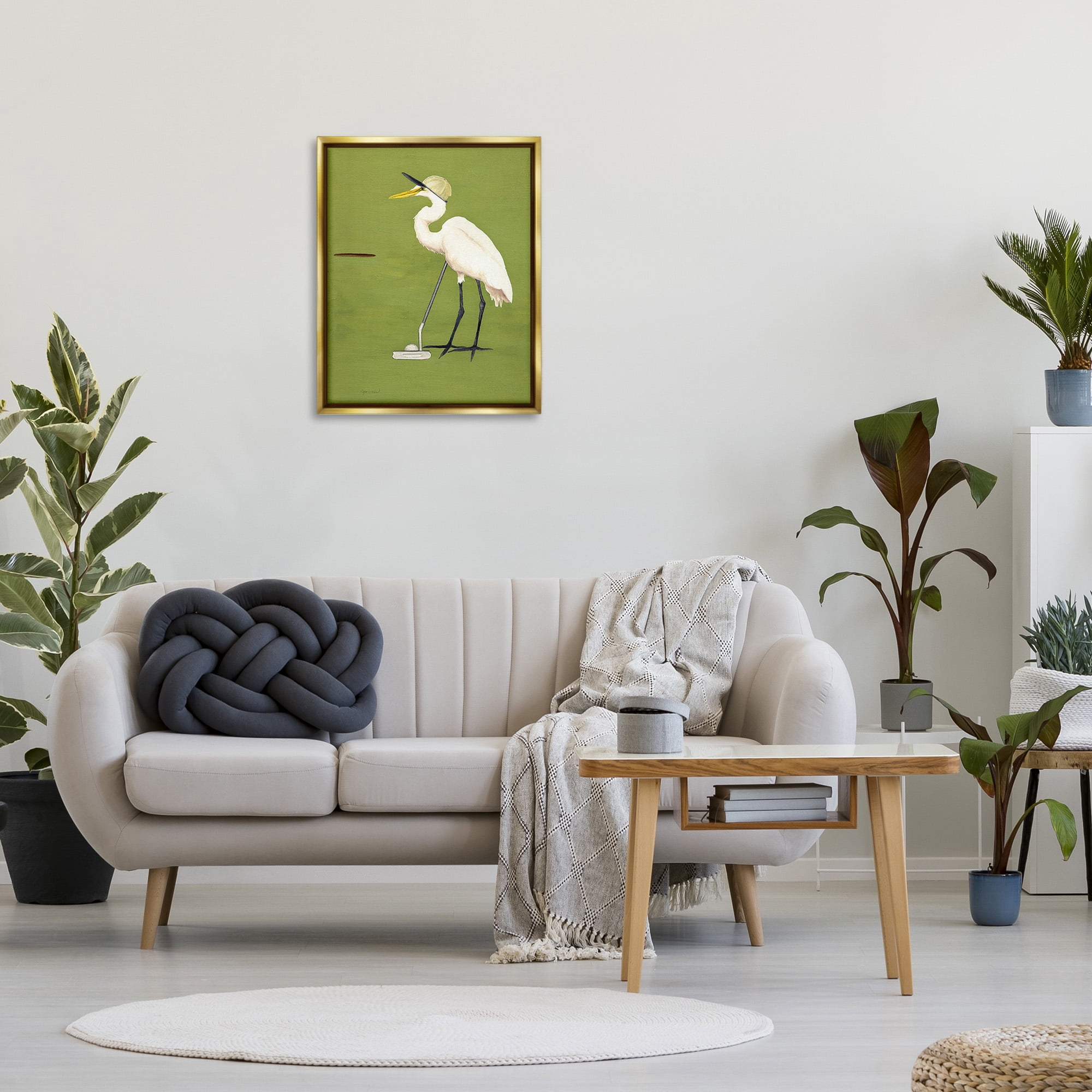 Stupell Industries Golfing Heron Bird Animals & Insects Painting Gold Floater Framed Canvas Art Print Wall Art, 25 x 31