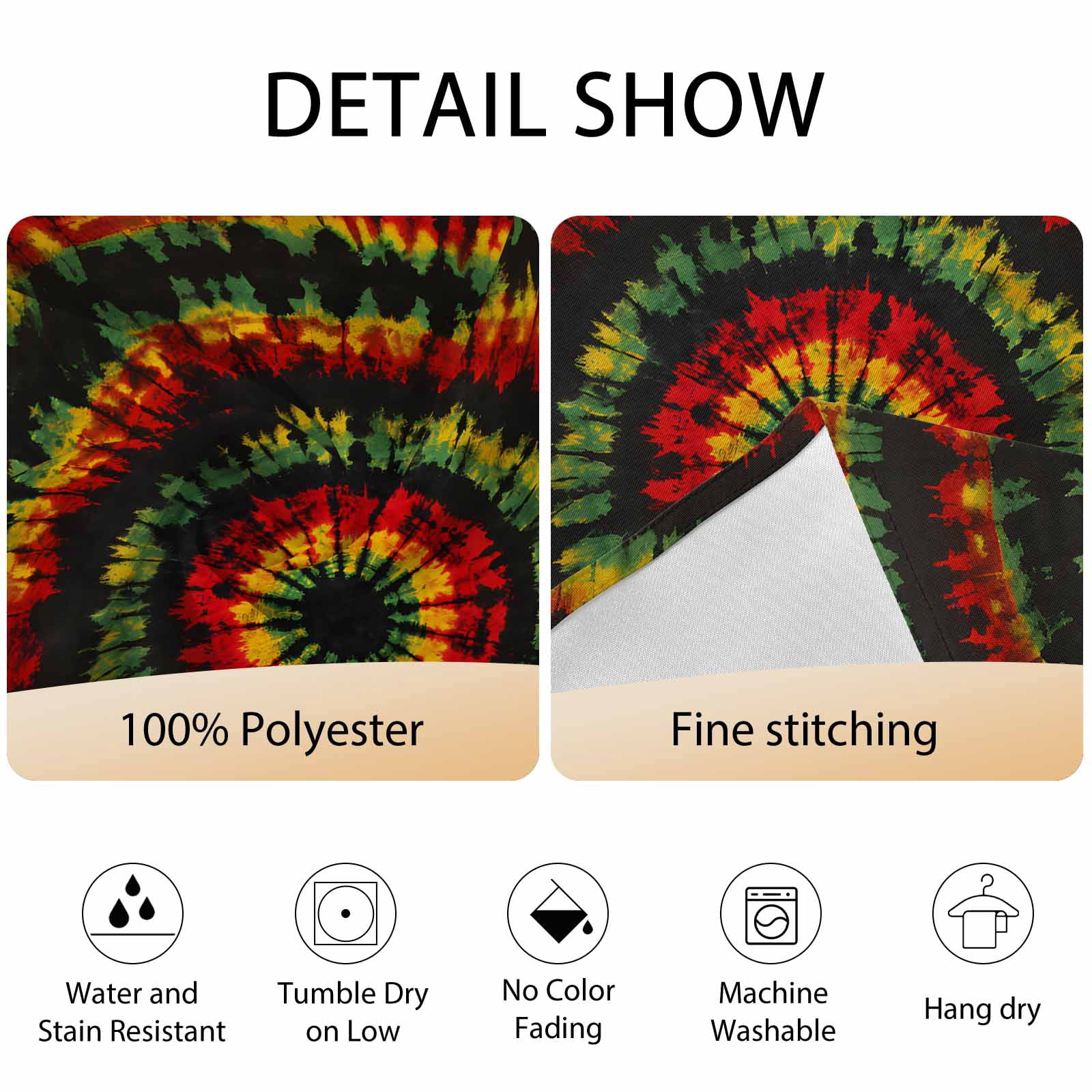 Round Tablecloth Abstract Ethnic Tie Dye Waterproof Oil Proof Polyester Table Cloth Cover Decor for Home Dining Outdoor,Patio,Parties, 60" Dia. Red Green Yellow Black