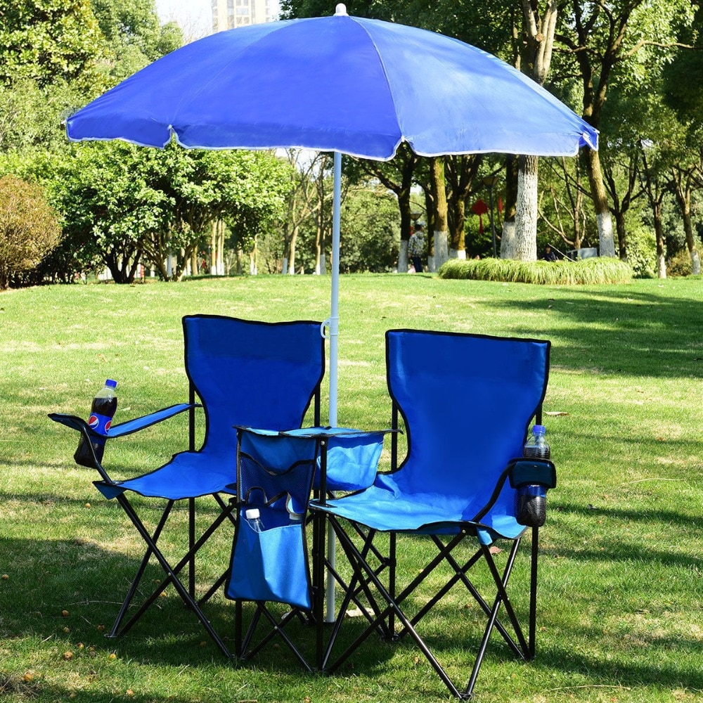 Portable Outdoor 2 Seat Folding Chair With Removable Sun Umbrella