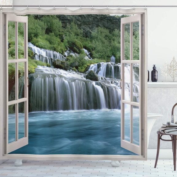 SPXUBZ Waterfall Shower Curtain, Majestic Waterfall Landscape Through a Window Imaginary Secret Paradise Print, Cloth Fabric Bathroom Decor Set with Hooks,72x72inch, Blue Green