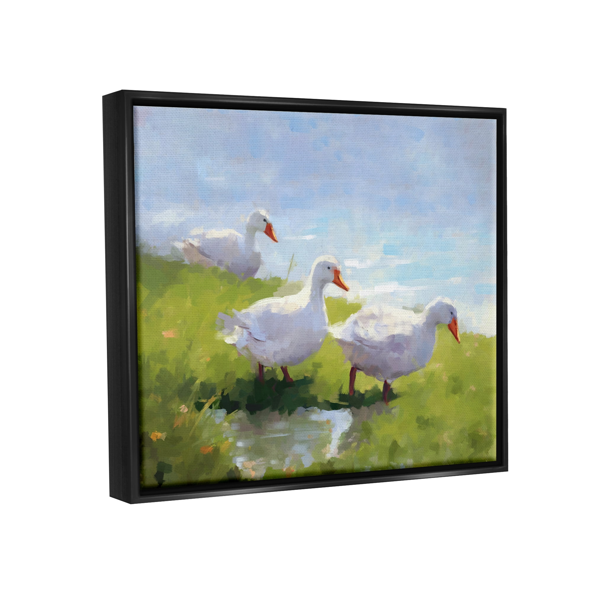 Stupell Industries Three Ducks Landscape Animals & Insects Painting Black Floater Framed Canvas Art Print Wall Art, 21 x 17