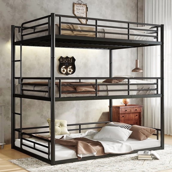 Bellemave Metal Full Over Full Over Full Bunk Bed, Triple Bunk Bed with Ladder and Safety Guardrail, Can be Divided into 3 Bunk Beds for Teens Adults, Heavy Duty Bunkbeds No Box Spring Needed, Black