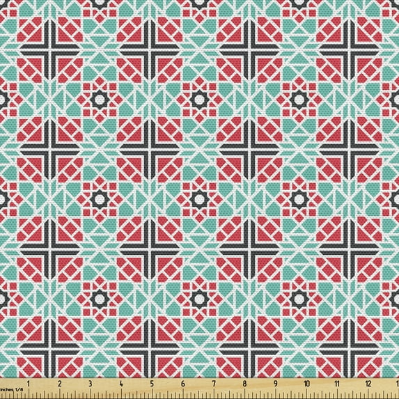 Azulejo Sofa Upholstery Fabric by the Yard, Portuguese Ceramic Tiles Art Motif with Geometric Effects, Decorative Fabric for DIY Home Accents, 10 Yards, Turquoise Dark Coral by Ambesonne