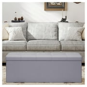 LEDREM 43 Foldable Storage Ottoman Bench, Ottoman with Storage 660lb Capacity, Synthetic Leather Ottoman Footstool, Light Gray