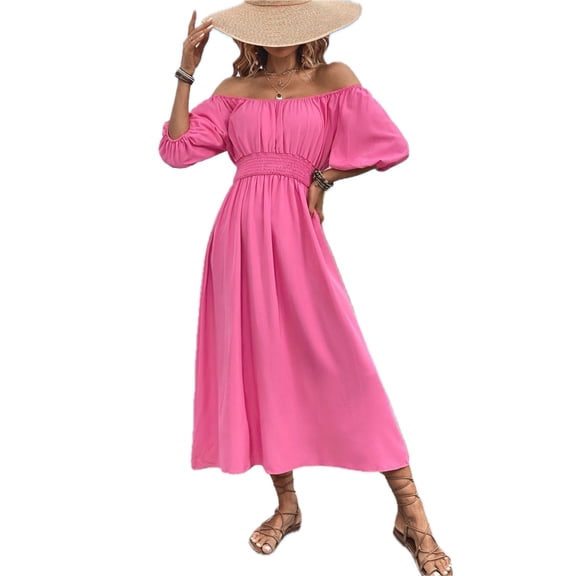 Women's Square Neck Smocked Waist Puff Sleeve Midi Dress Solid Pattern Elegant Everyday 95% polyester 5% elastane