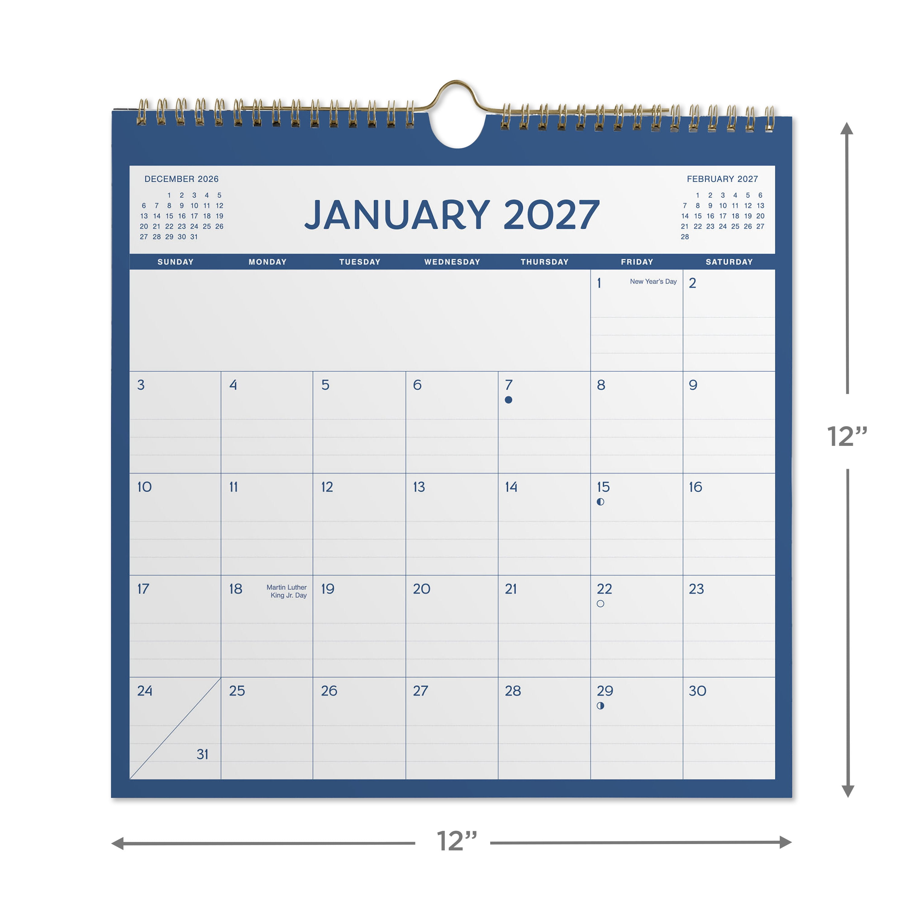 2027 Pen+Gear Spiral Blue Calendar 12x12 January-December Gridded