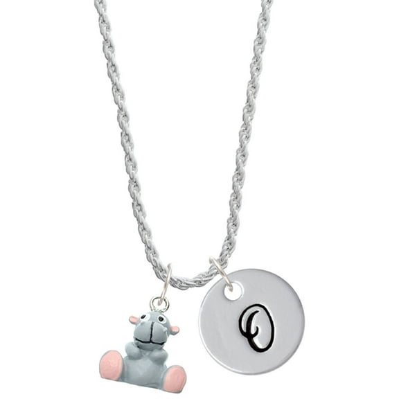Delight Jewelry Resin Grey Hippopotamus Honey Silvertone Script Initial Disc - O - Charm Necklace, 20" 3"