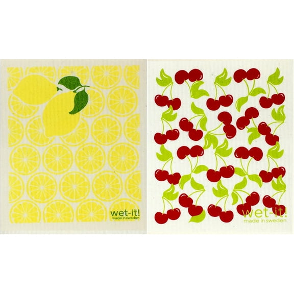 Wet-It! Swedish Treasures Dishcloth & Cleaning Cloth - Set of 2 - Lemons & Cherries - (Paper Towel Replacement)