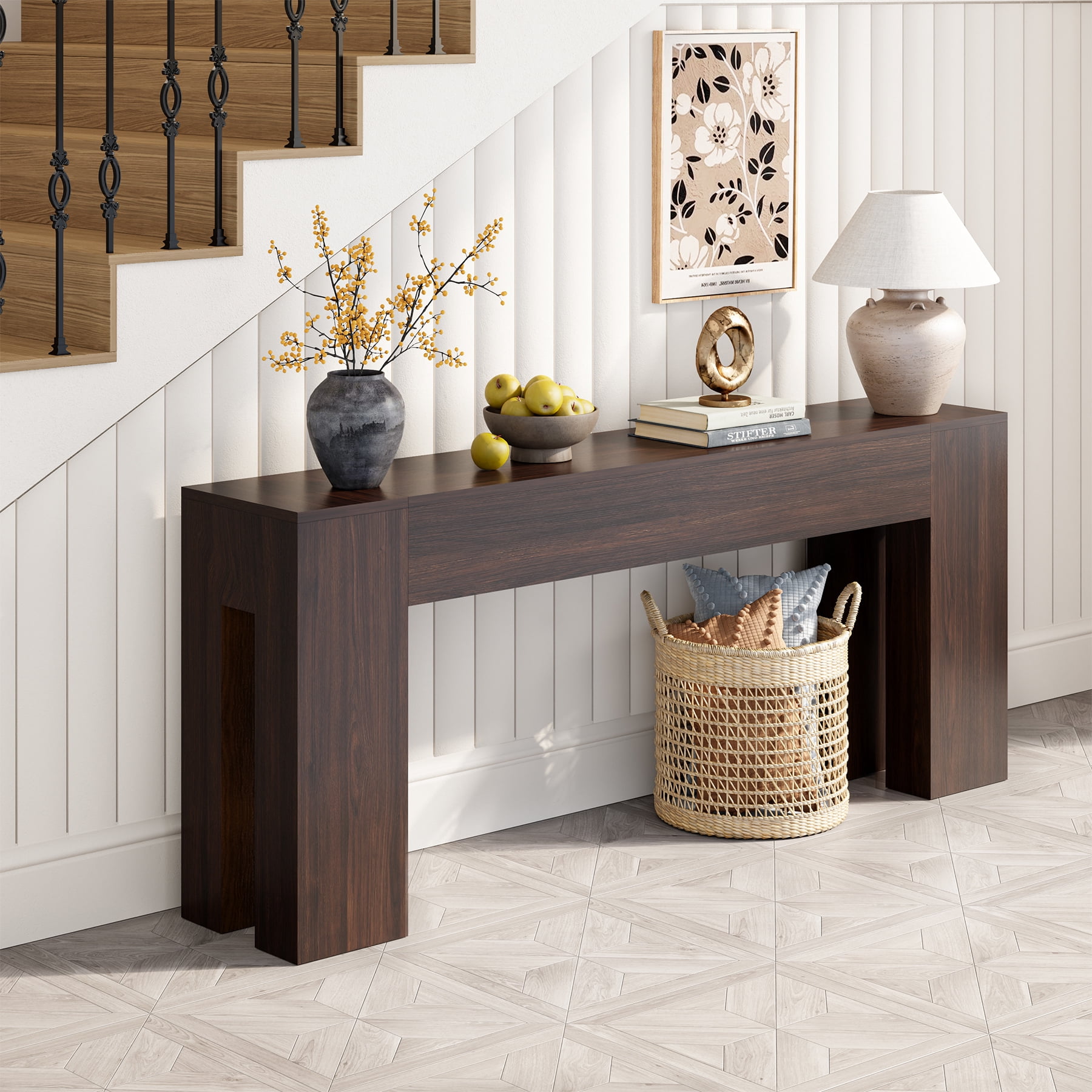 Extra Long Sofa Console Table for Entryway Living Room, 78-Inch Farmhouse Wood Behind Couch Table, Rectangular Accent Console with Wooden Double Base for Hallway Foyer Entrance, Walnut Brown