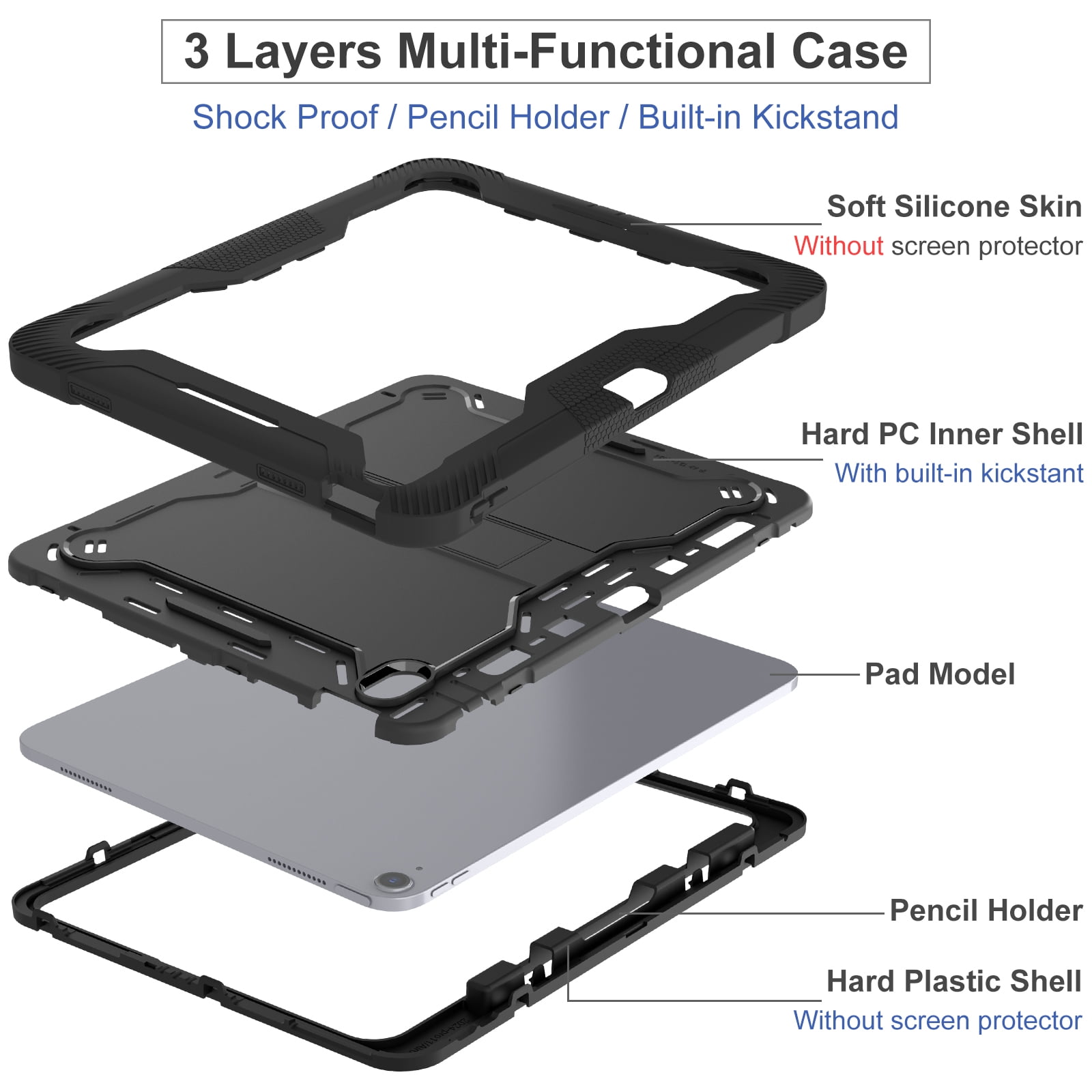 Dteck Case for iPad Air 13-inch (M2) 2024, iPad Air 13 Inch Case with Kickstand and Pencil Holder, Heavy Duty Shockproof Protective Cover for Kids,Black
