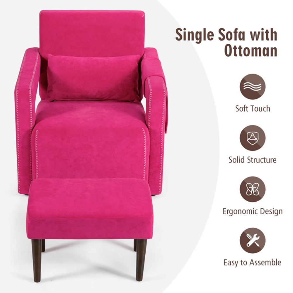 Finihen Accent Single Sofa Chair with Ottoman, Modern Berber Fleece Single Sofa Chair with Ottoman and Waist Pillow, for Living Room, Bedroom, Red Finihen Accent Single Sofa Chair with Ottoman, Modern Berber Fleece Single Sofa Chair with Ottoman and Waist Pillow, for Living Room, Bedroom, Red