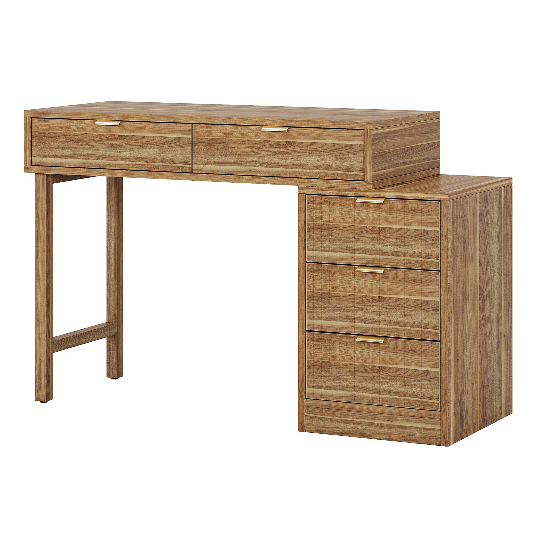 Fnova Reversible Computer Desk with 5 Large Drawers, 39.37" Home Office Writing Desk, Vanity Desk, Brown