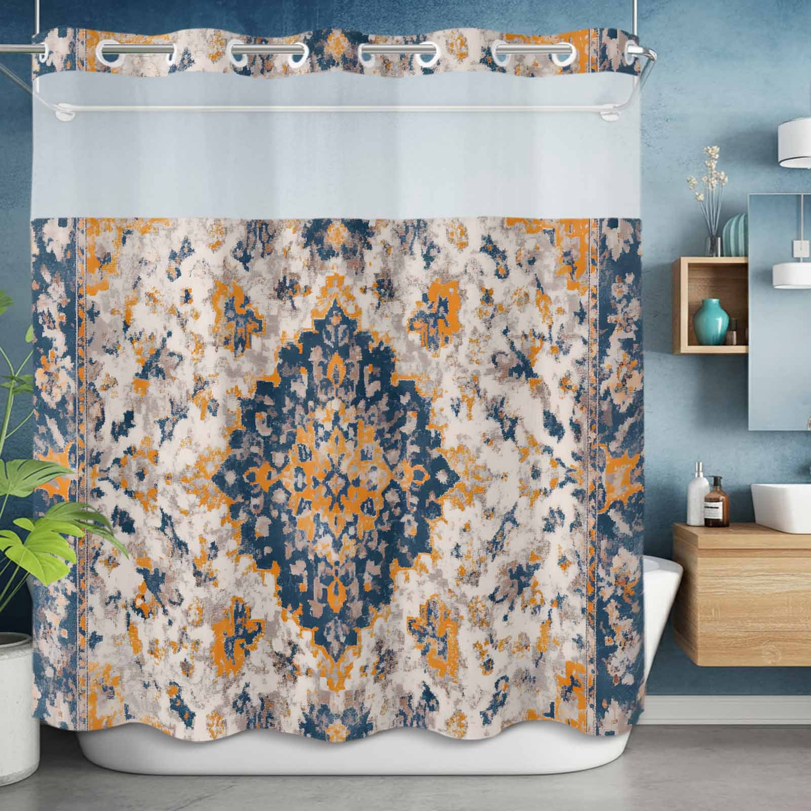 No Hook Shower Curtain, Boho Chic Ethnic Long Bathtub Curtains with Snap in Liner, Orange Blue Vintage Tribes Waterproof Washable Fabric Bathroom Curtain Sets, 72"W x 78"L