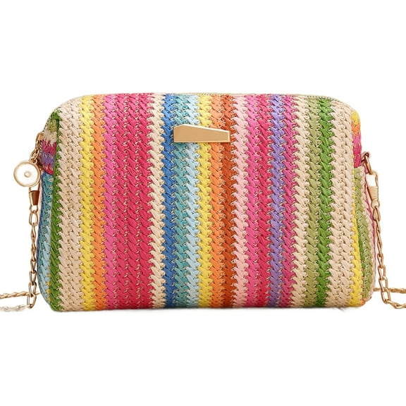 Colorful Straw Bag Women Woven Beach Bags Rainbow Pattern Shoulder Bag Spring Summer Purse