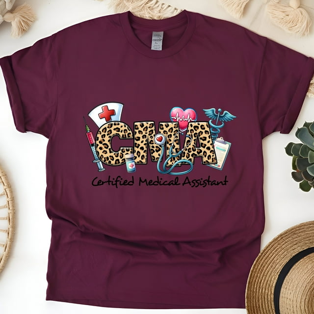 CMA Leopard Print Graphic T-Shirt, Certified Medical Assistant Tee, Maroon, Size 3XL