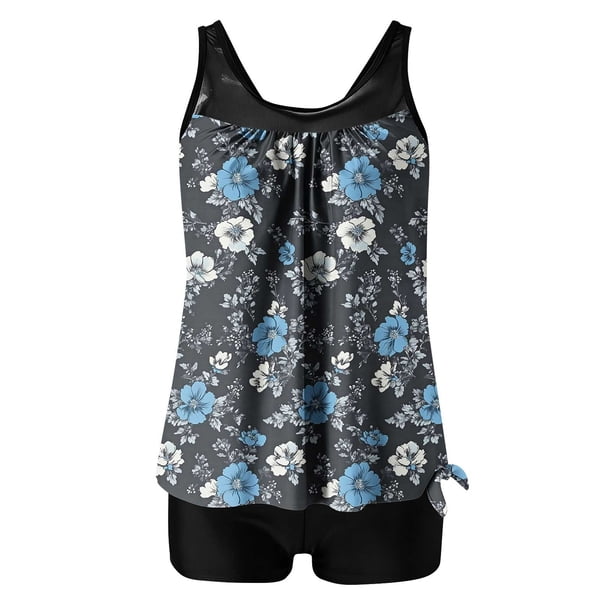 Traje de Baño de Mujer con Pantalones Cortos Conservador de Cintura Alta Impreso Traje de Baño de Dos Piezas, Torso Largo con Almohadillas Extraíbles