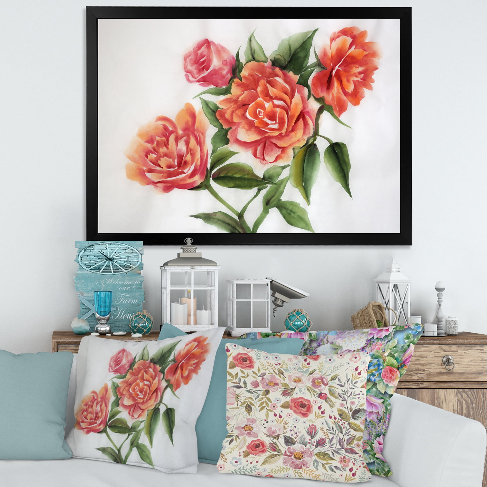 Designart 'Orange VIntage Roses With Green Leaves' Traditional Framed Art Print