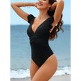 thumbnail image 4 of V Neck One Piece Monkini Swimsuit for Womens Tummy Control Ruched Bath Suit High Cut Swimwear, 4 of 7