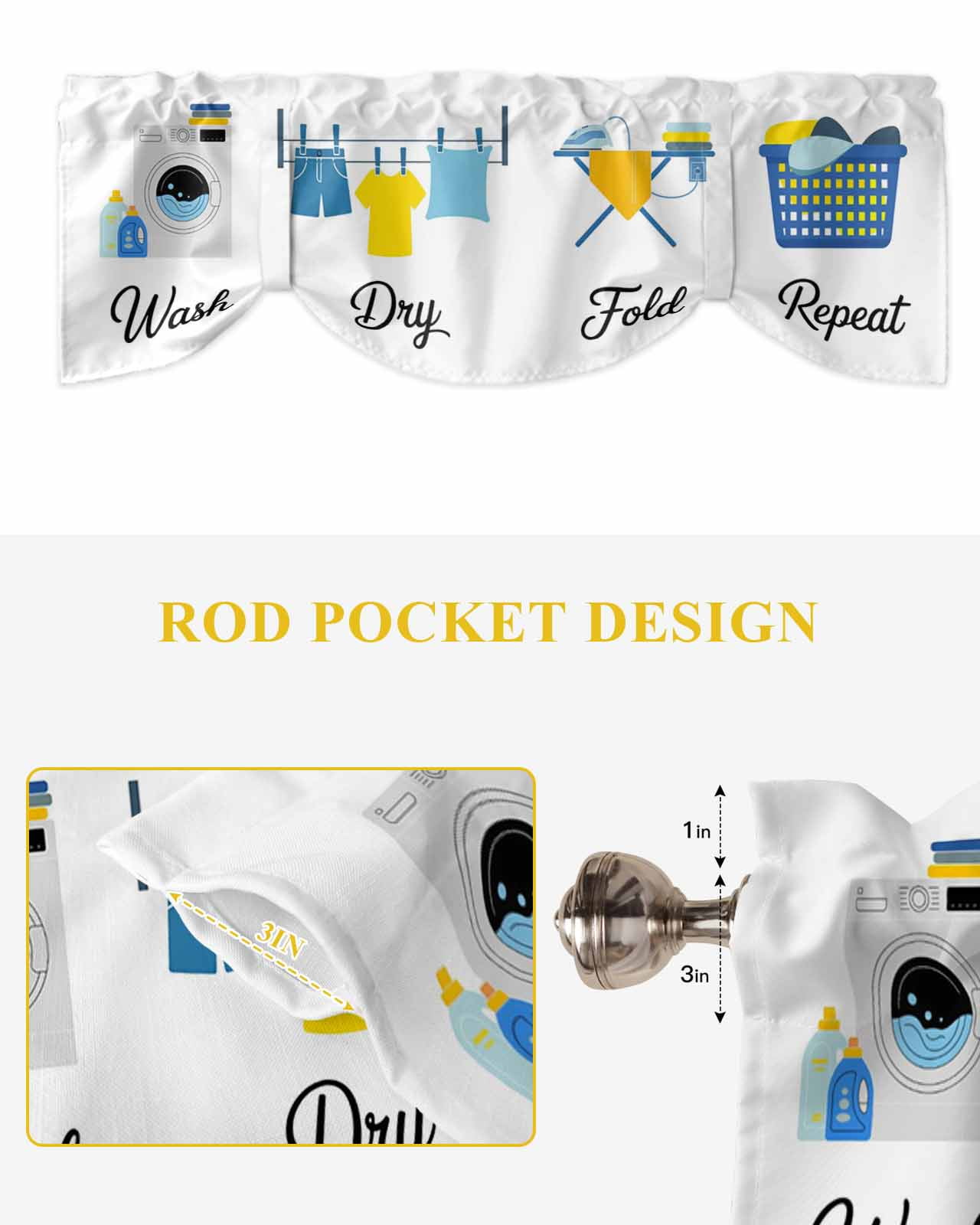 Laundry Room Tie Up Valances Curtain, Adjustable Kitchen Wash Dry Fold Repeat Valances for Windows Decor, Rod Pocket Short Curtains Set for Bedroom/Bathroom, 60"x18"