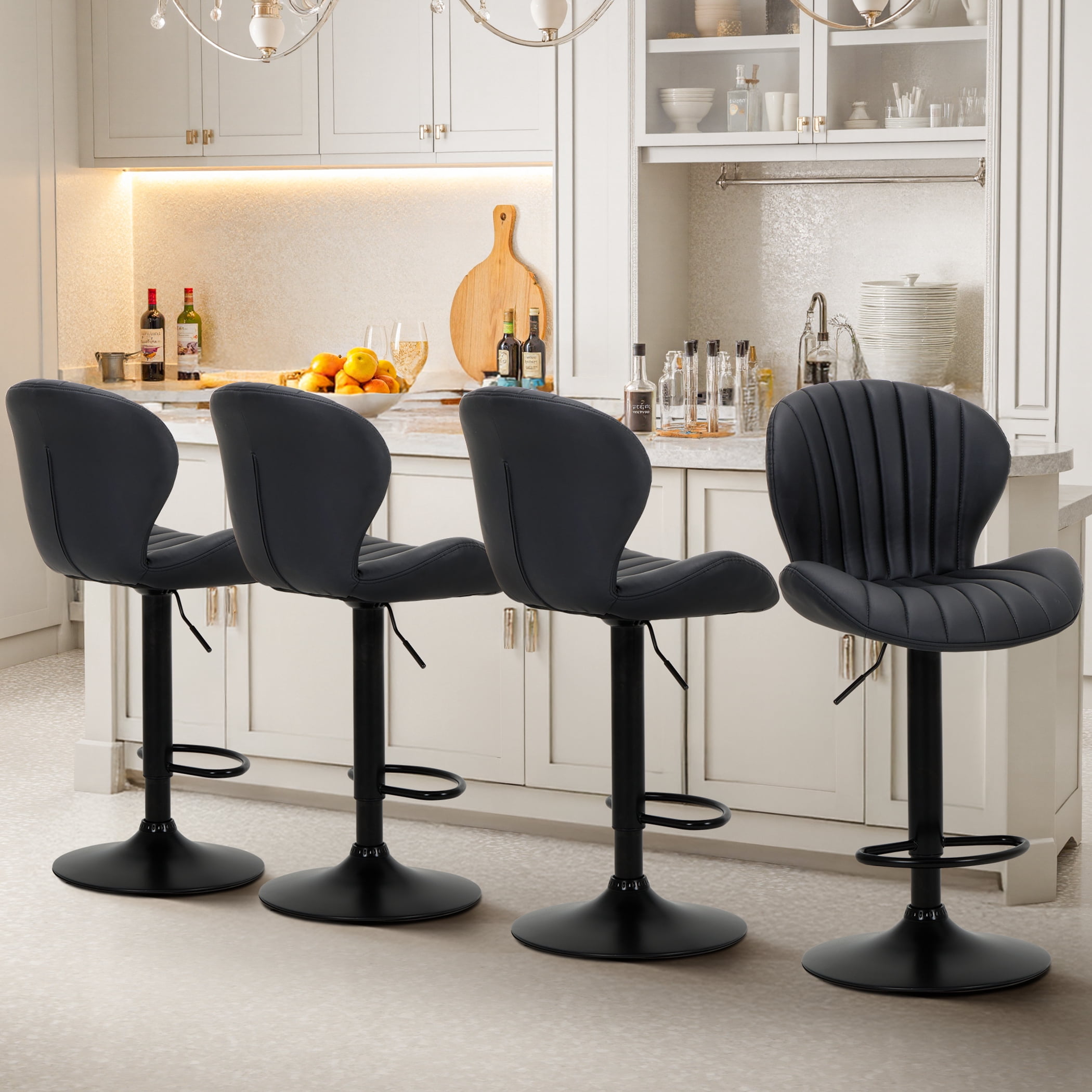 EOP Swivel Single BarStool, Modern Upholstered Adjustable Height Counter Stool with Footrest, Faux Leather Upholstered Bar Stool with Metal Frame, Bar Chair with Backrest, Black