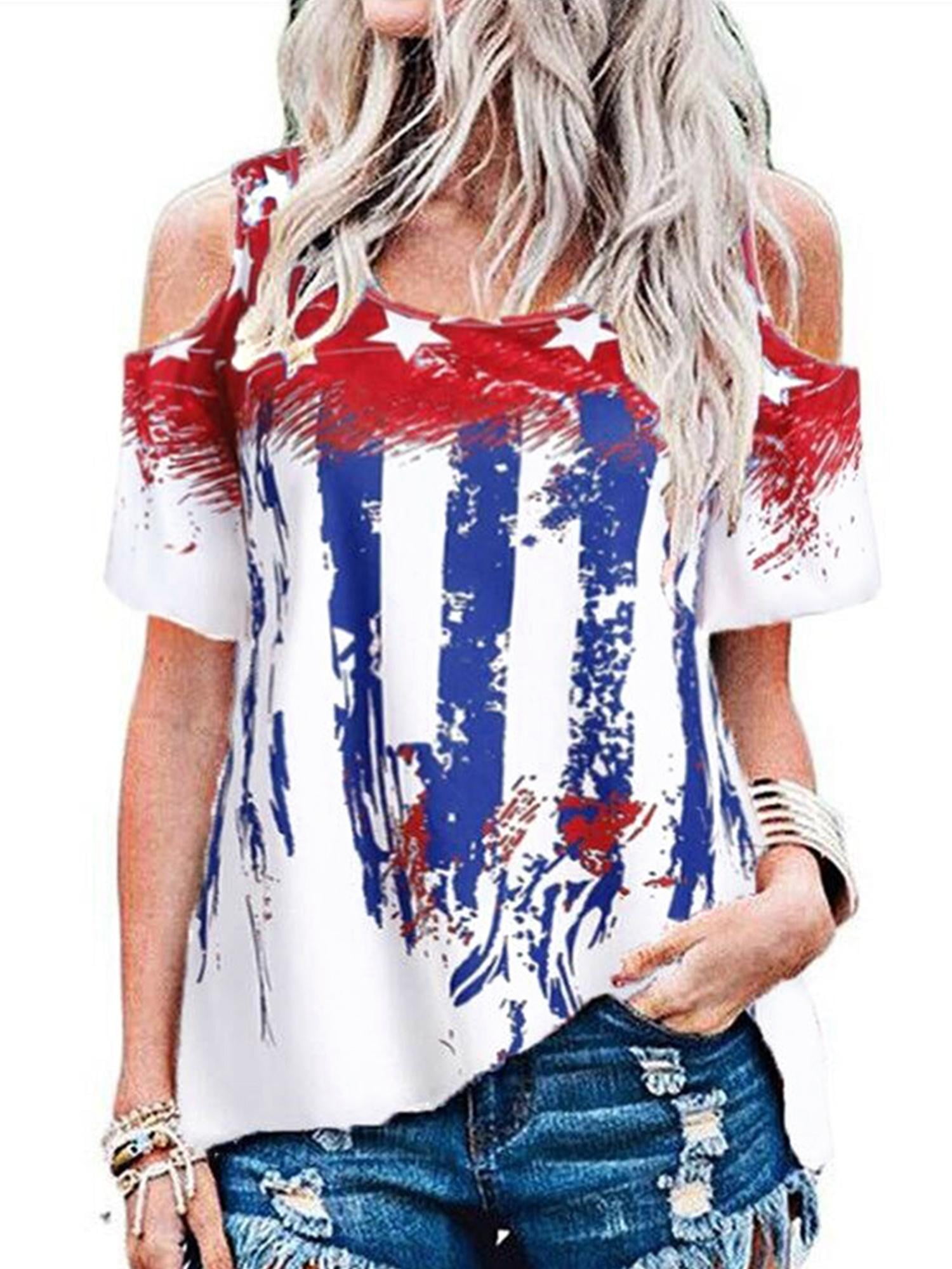LAPA Womens American Flag Round Neck Cold Shoulder Tops Basic Short ...