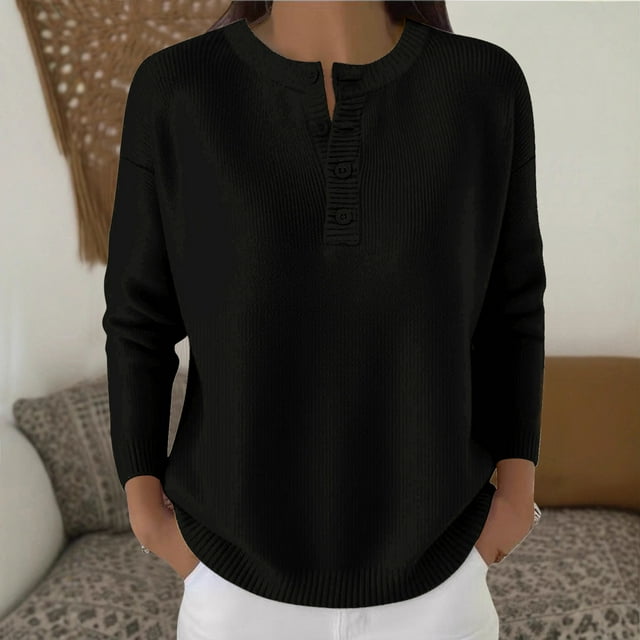 Ounisa Chandails Henley à Manches Longues pour Femmes, Chic Décontracté, Tuniques à Col Rond, Hauts Coupe Ample, T-Shirts Basiques, T-Shirts