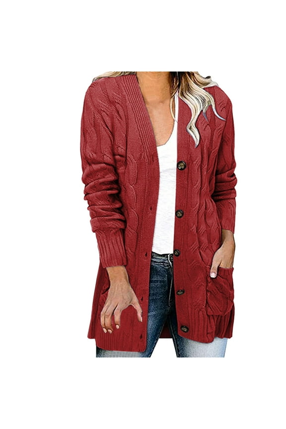 Solid Color Cardigan Fashion Loose Knitwear Long Cable Knitted Sweater Pockets Round Neck Outwear Autumn Women Coat Open Front Warm Pullover