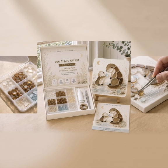 DIY Sea Glass Mosaic Art Kit with Stand, 3.93in Craft Set for Adults & Kids, Tabletop Animal Decor & Gift (Otter & Pup)