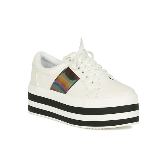 Women Iridescent Stripe Panel Lace Up Flatform Sneaker Shoe 18779