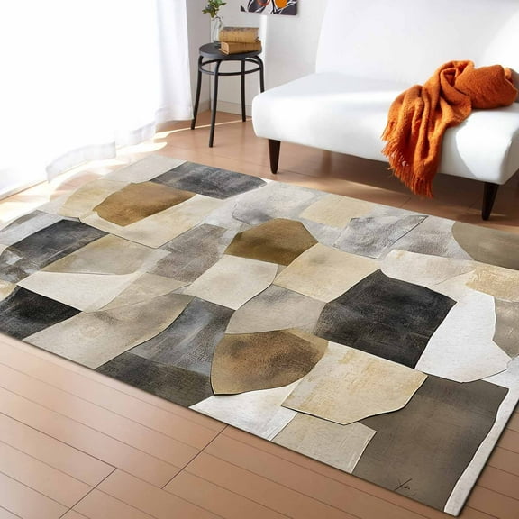Area Rugs Indoor Non-Slip Rectangle Rug 5x7 Ft Abstract Beige Brown Black Color Block Oil Painting Contemporary Rug Rubber Backing Floor Mats Non Shedding Home Decor Carpet for Entryway Living Room