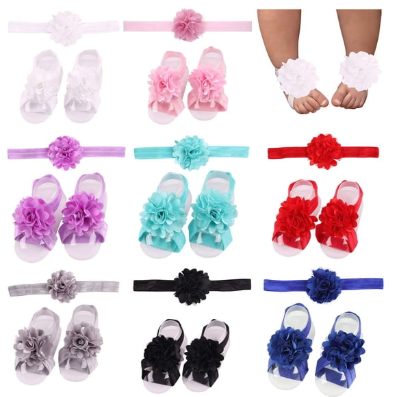 8 Paires de Bandeaux en Satin et Sandales Pieds Nus pour Bébé Fille Nourrissons Tout-Petits (8 Paires S1)