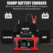 10A E-FAST Smart Battery Charger for Lifepo4/Lead Acid 12V/24V, Car/Truck/AGM/Boat Battery Maintainer with Temp Compensation & Desulfator.