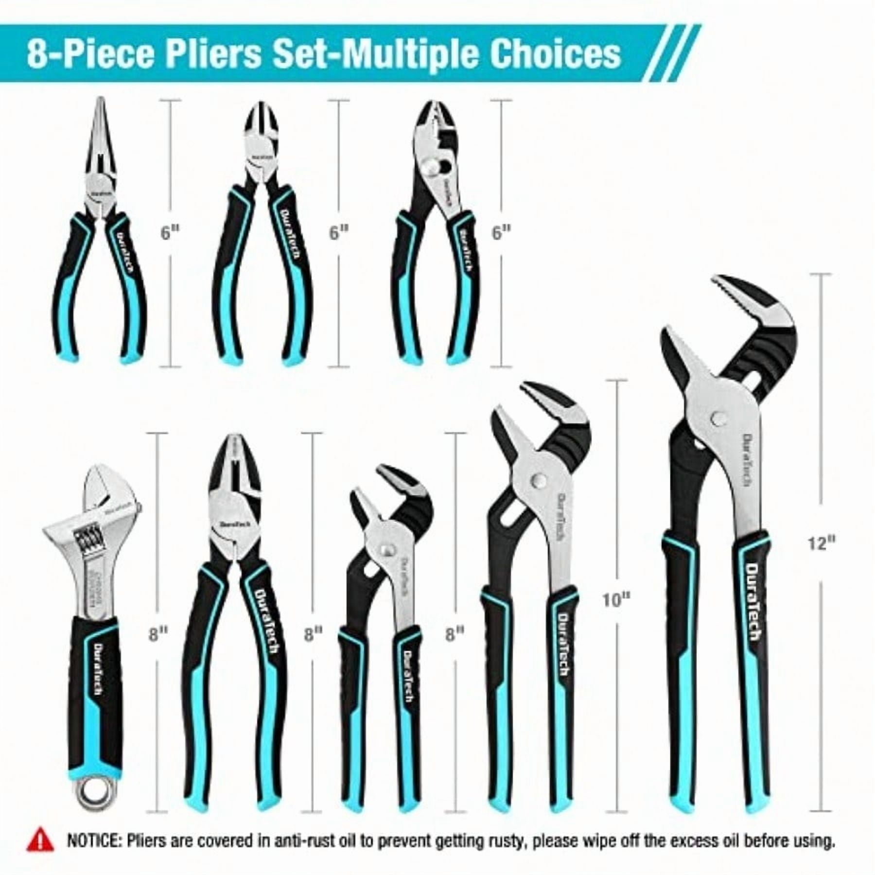 8Piece Pliers Set With Rolling Pouch Premium CrV CrNi Construction 12 10 8 Groove Joint Pliers 8 Adjustable Wrench 8 Linesman 6 Long Needle Nose 6 Slip Joint 6 Diagonal