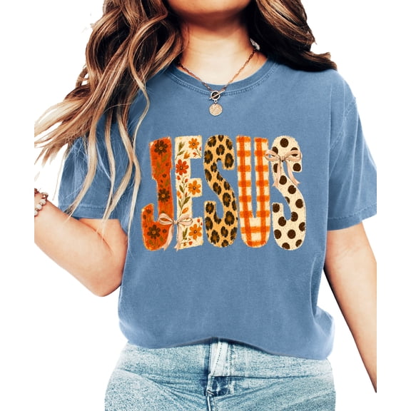 Jesus Shirt for Women Floral Leopard Christian Easter Graphic Tee, Blue Jean Shirt, M