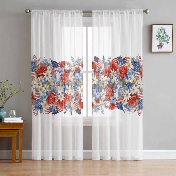 Blue Red 4th of July Semi Sheer Curtains 72 Inch Length 2 Panels Set, Independence Day Flowers Red Blue Sheer Kitchen Curtain Privacy Voile Window Curtain for Living Room Bedroom Rod Pocket Drapes