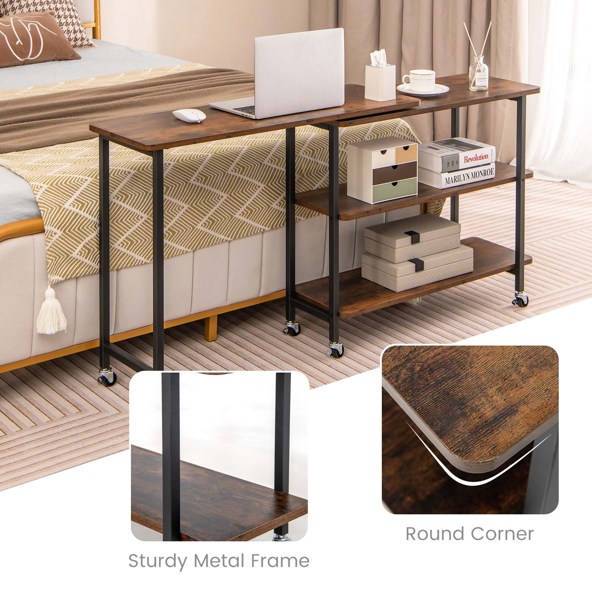 Costway 360° Rotatable Sofa Side Table L-shaped Laptop Desk Snack Table with 2-Tier Shelf Patented Rustic Brown