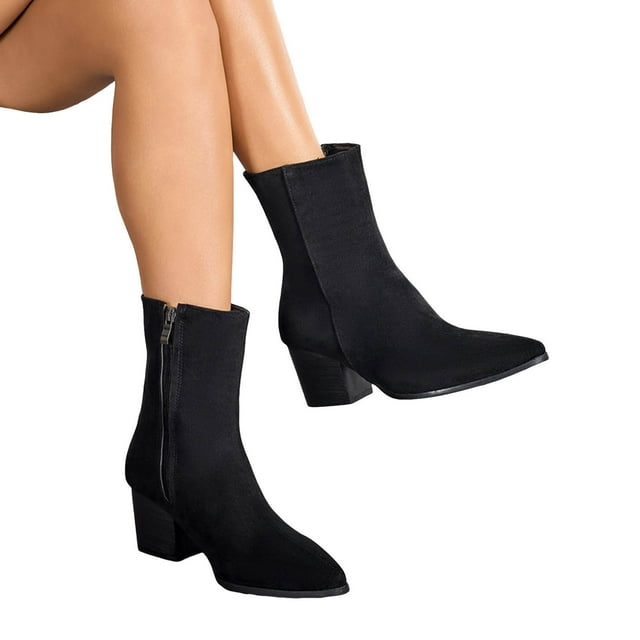 Women's Leopard Mid Calf Boots Trendy Suede Pointed Toe Stacked Mid Heel Winter Fall Short Dress Boots