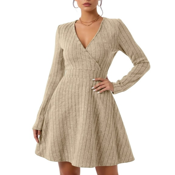 CharmCyan Long Sleeve V Neck Ribbed Knit Dress for Women A Line Silhouette Soft Fabric Pullover Design Casual Wear Beige L