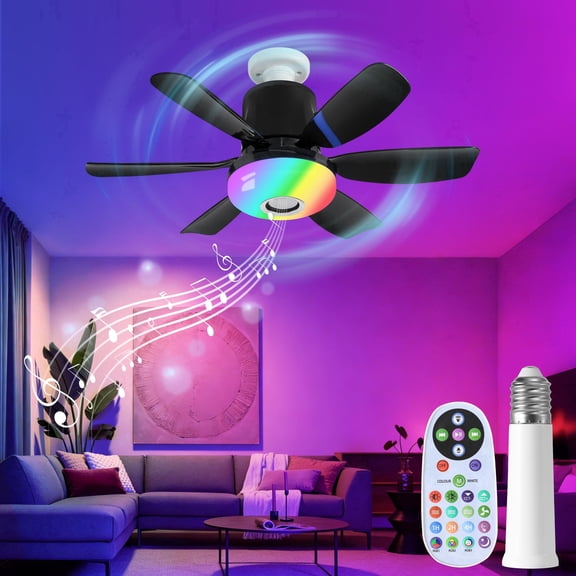Black Socket Fan Light with Remote, Ceiling Fan with Bluetooth Speaker, RGB Lights, 3 Color Lights, 3 Fan Speeds, Socket Extender, Small Ceiling Fans with Lights for Bedroom,Living Room , E27 Base